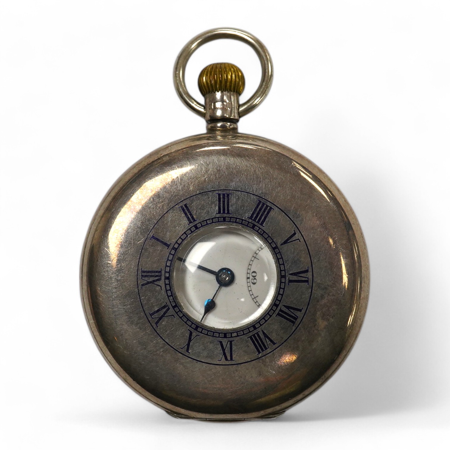 A George V silver J.W. Benson keyless half hunter pocket watch, with Roman dial and subsidiary seconds, case diameter 49mm. Condition - poor to fair